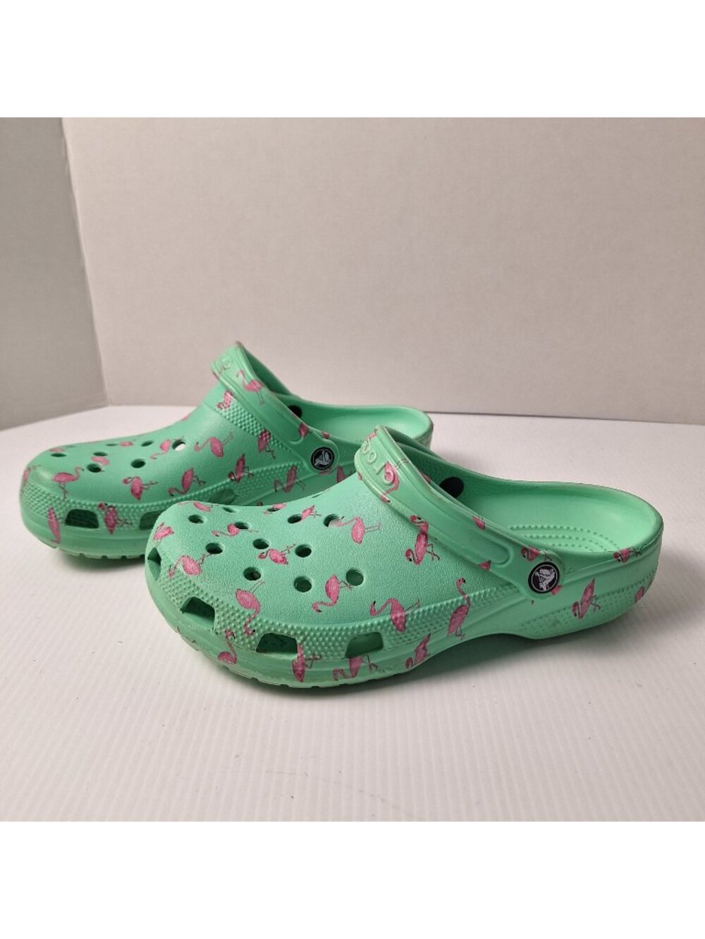 CROCS CLASSIC TEAL PINK FLAMINGOS SLIP ON SANDALS SHOES SLIDES M=9 W=11 CASUAL